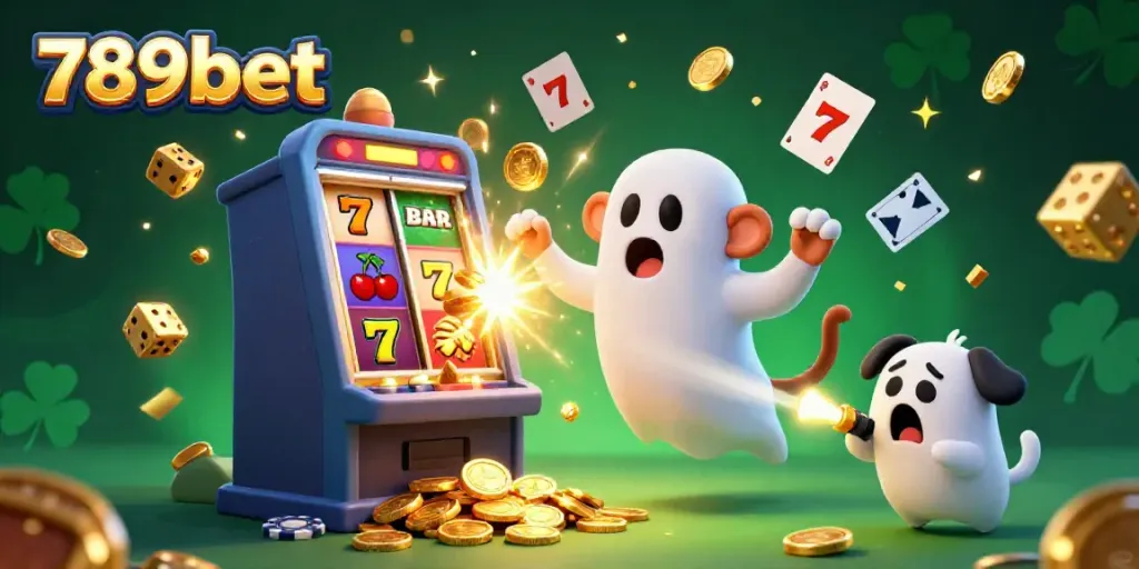 Interact with 789bet's vibrant casino scene featuring a mischievous poltergeist and treasure.