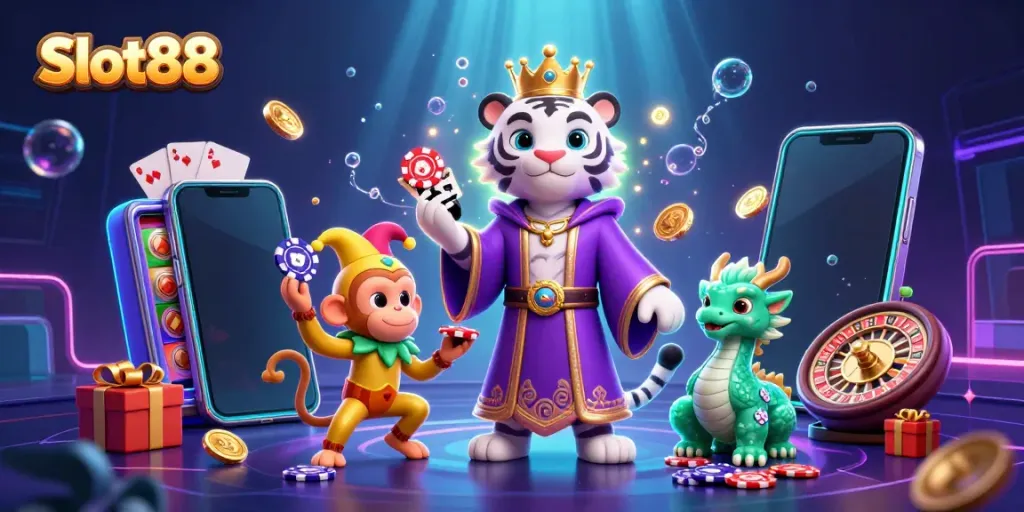 Engage with Slot88's vibrant 3D scene featuring a royal tiger, jester monkey, and animated dragon amidst casino themes.