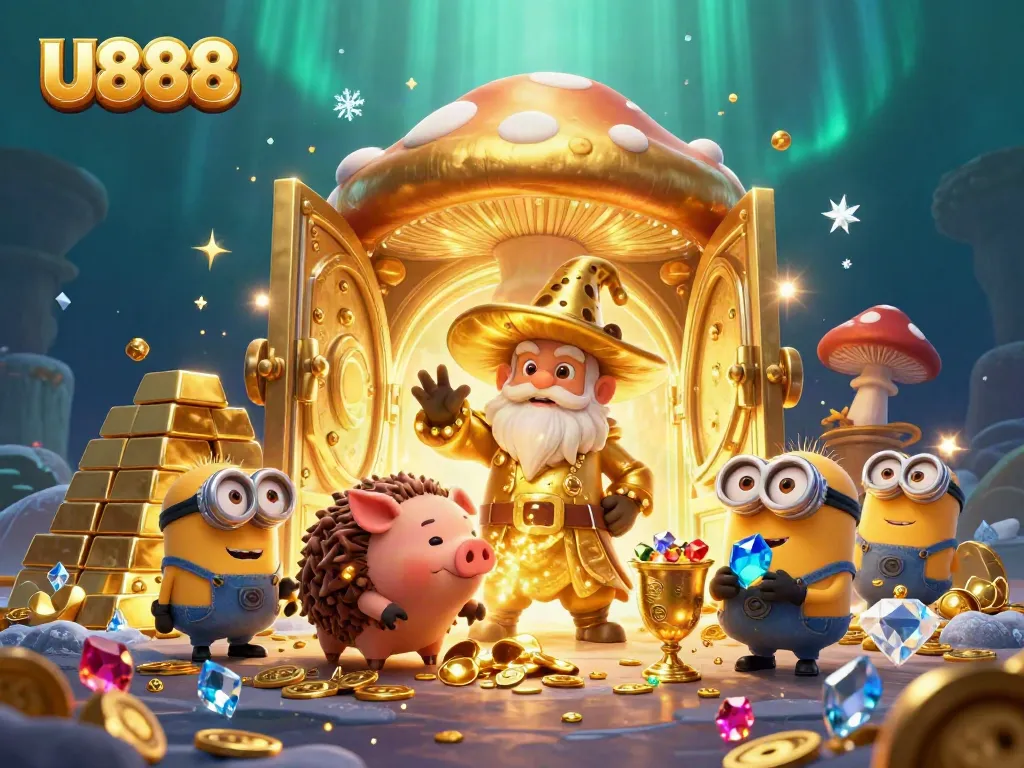 Experience the magic of U888 with golden treasures and enchanting characters in a dynamic casino scene.