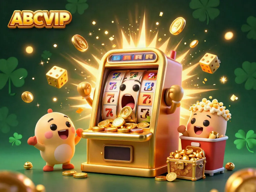 ABCVIP's energetic slots scene with a golden slot machine hitting a jackpot surrounded by cheering machines and gold coins.