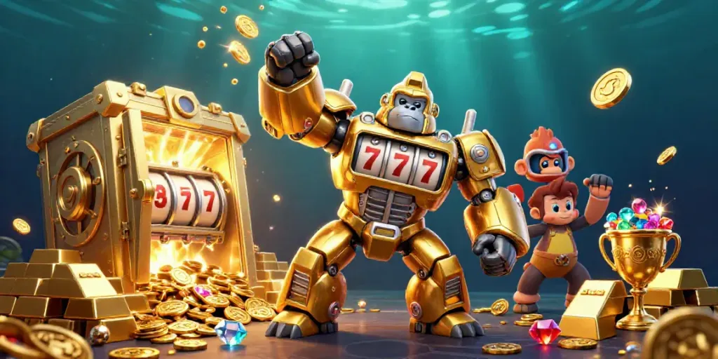 sp8beta highlights casino excitement with a dynamic, 3D golden gorilla mech amidst gold treasures.