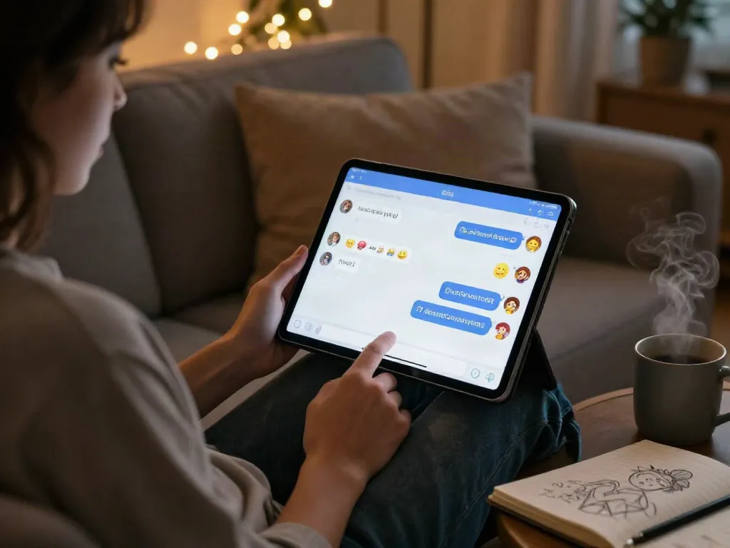 Engaging in ai sex chat on a cozy couch with colorful chat interface.
