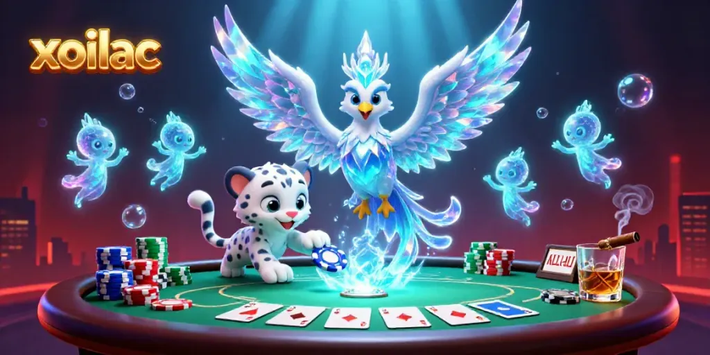 Experience exciting poker action with xoilac featuring a vibrant 3D scene of an ice phoenix and playful cub among colorful poker elements.