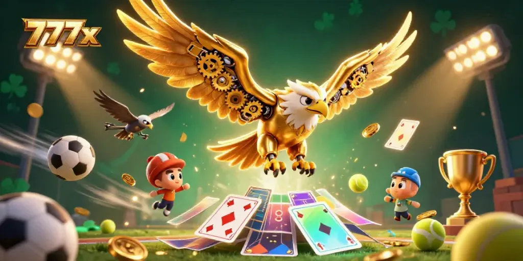 Engage in thrilling gameplay with 777x, where a cybernetic eagle dives through holographic cards amid lively sports action.