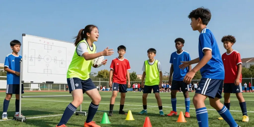 TOP10ตำนานนักเตะ featured in a dynamic football training scene with young players discussing strategies passionately.