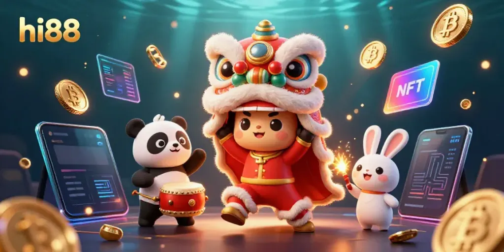 Experience thrilling gameplay at hi88 with vibrant lion dance surrounded by crypto elements.