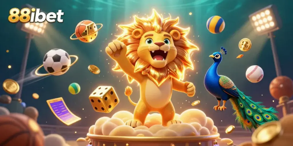 88ibet showcases a vibrant 3D illustration of a sun lion surrounded by sports elements, emphasizing dynamic betting excitement.