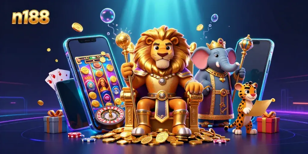 Experience n188's vibrant gaming world with a lion king, elephant advisor, and cheetah messenger surrounded by dynamic casino elements.