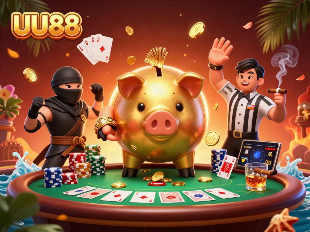 Play and win at UU88 with a golden piggy bank sumo wrestler and casino elements highlighting excitement.