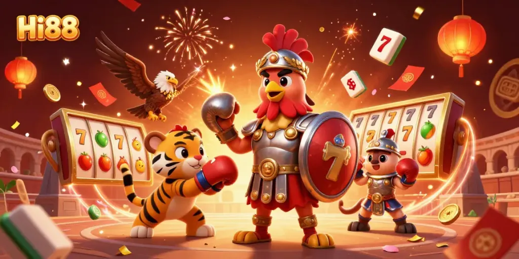 Engage in exciting gameplay with Hi88's vibrant 3D illustration featuring a rooster warrior and gaming elements.
