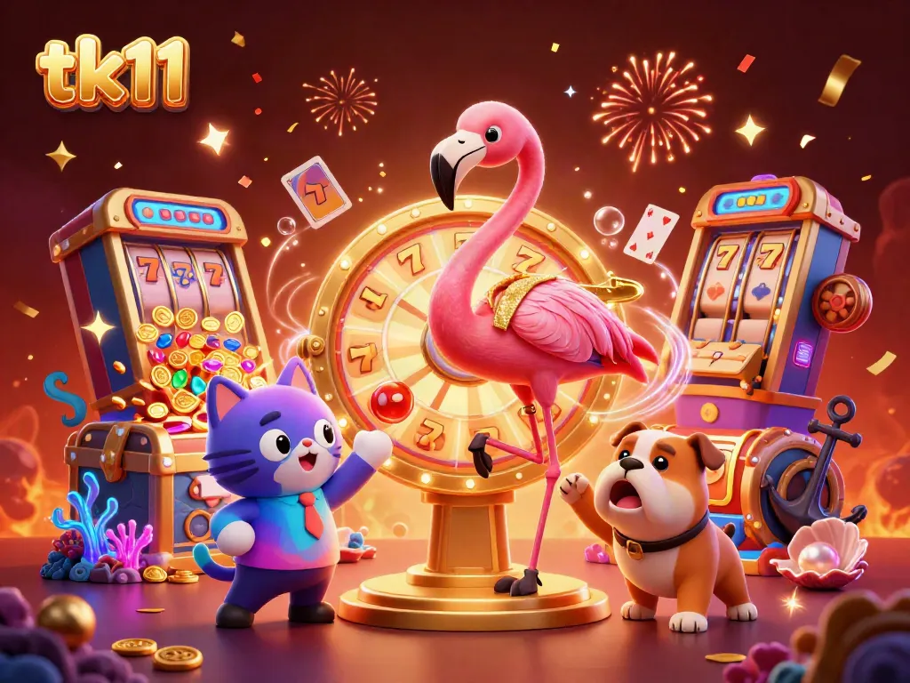 Engage with tk11, a vibrant casino-themed scene showcasing a flamingo host and bulldog contestant at a prize wheel.