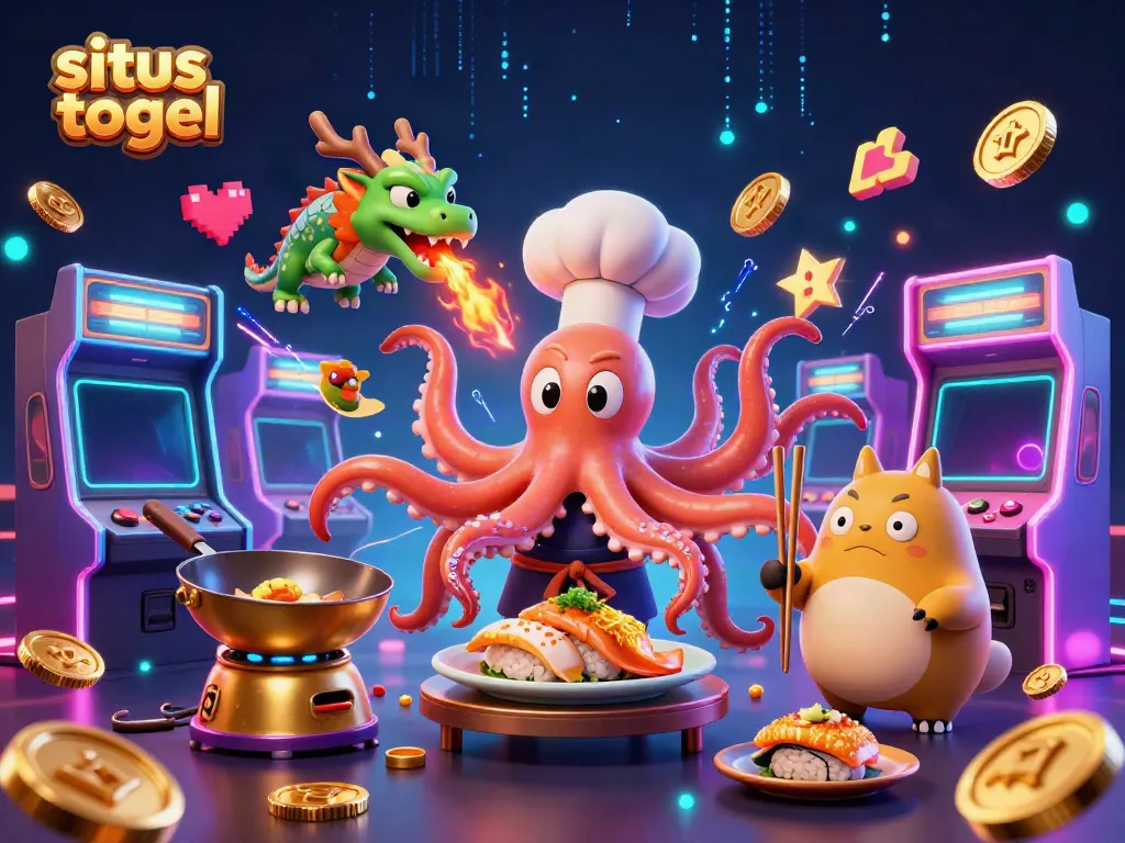 Engage with situs togel through this vibrant 3D casino scene with colorful game elements and exciting characters.