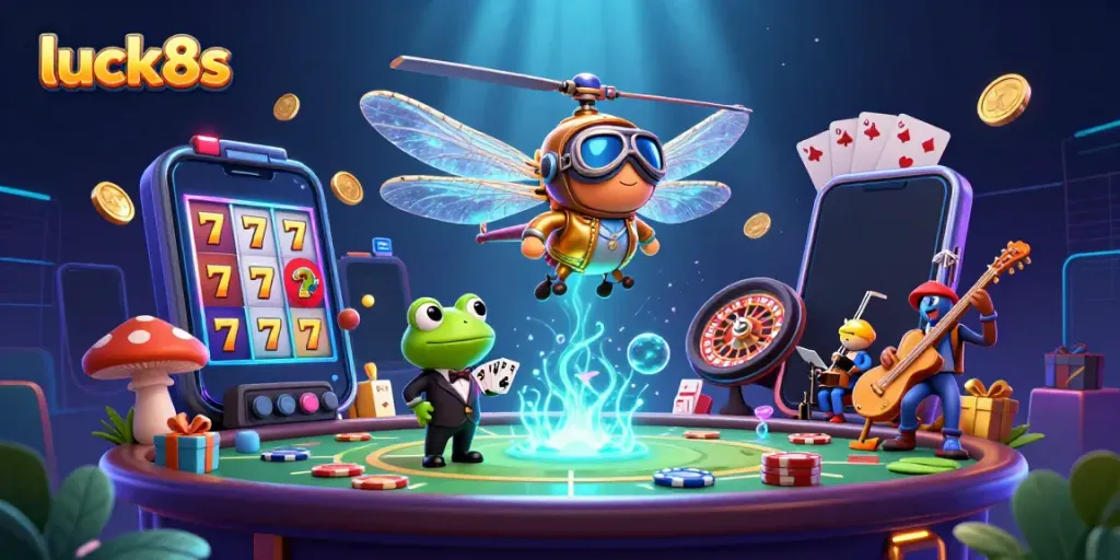Experience the thrill of luck8s with a vibrant casino scene featuring a dragonfly pilot and frog croupier.