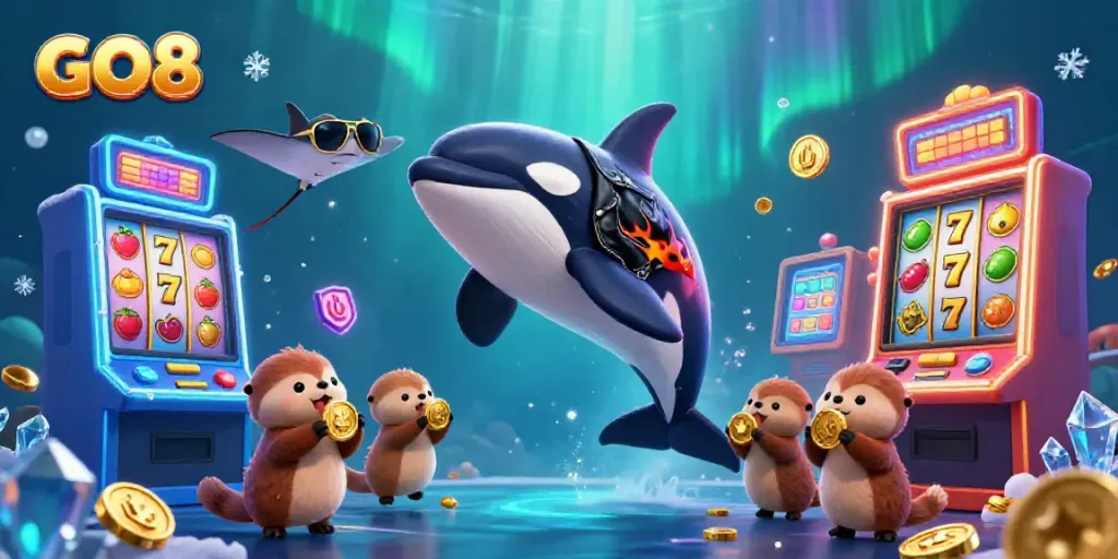 Engage with GO8's vibrant casino scene featuring an orca, stingray, and sea otters with gaming elements.