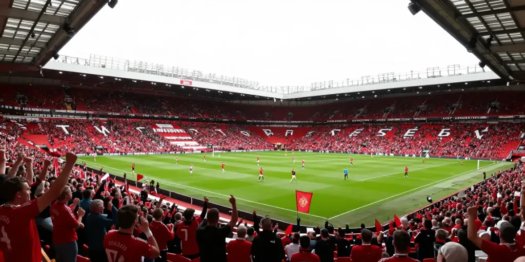 An intense moment from the Manchester United vs Liverpool match showcasing fans and players, highlighting the rivalry with the keyword สถิติแมนยู พบ ลิเวอร์พูล.