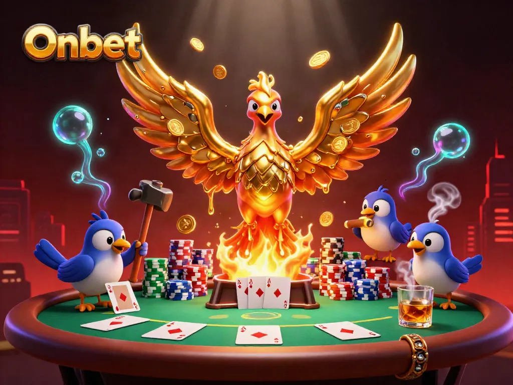 Experience high-stakes poker gameplay with Onbet featuring a majestic phoenix and vibrant casino elements.