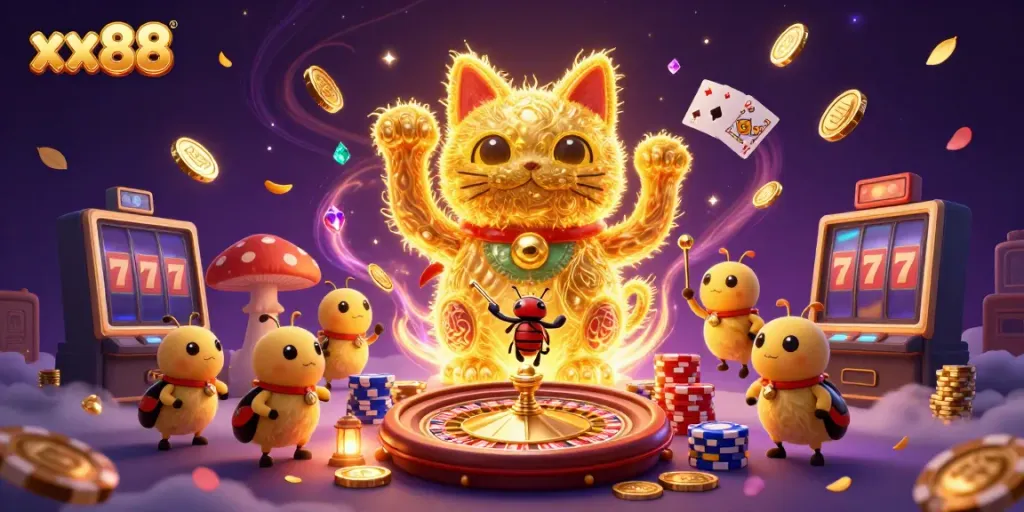 Experience the magic of xx88 with a vibrant scene of a lucky cat and golden fireflies amid dynamic casino symbols.