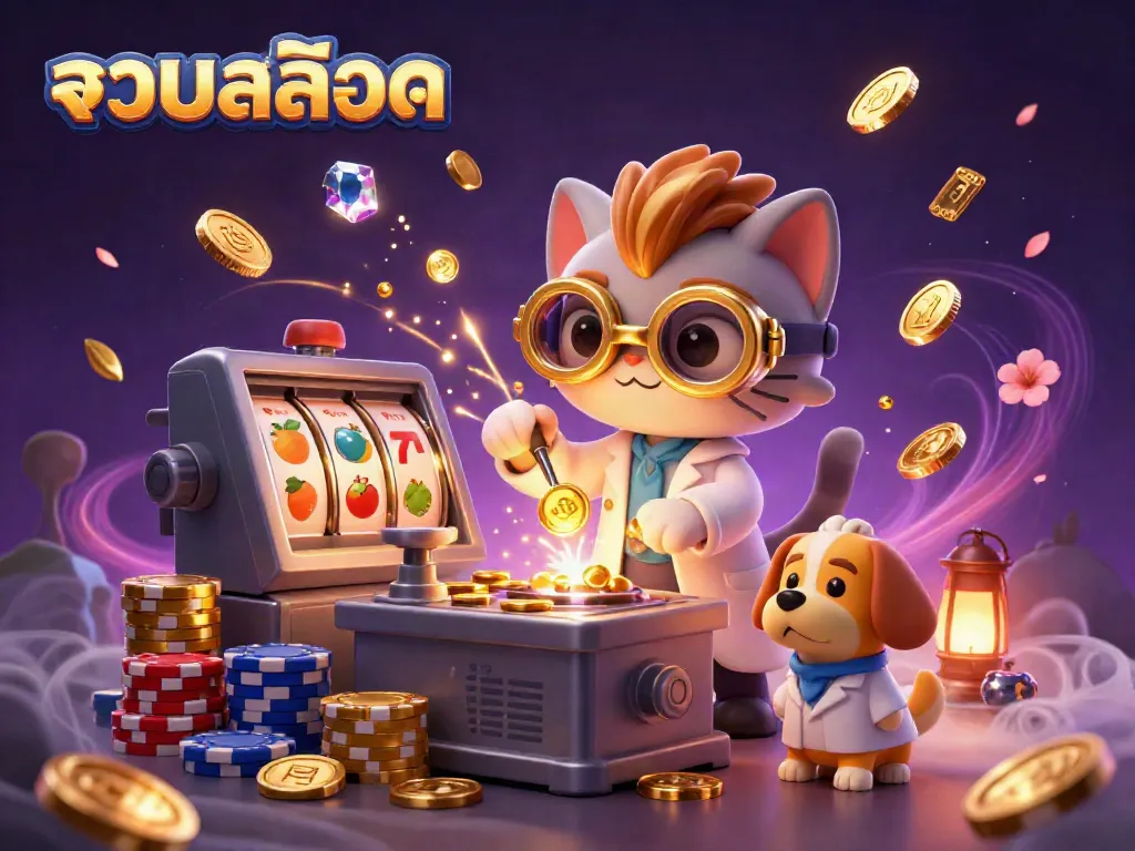Engaging scene of รวมสล็อต featuring a mad scientist cat and lab assistant dog creating gold coins amidst vibrant casino elements.