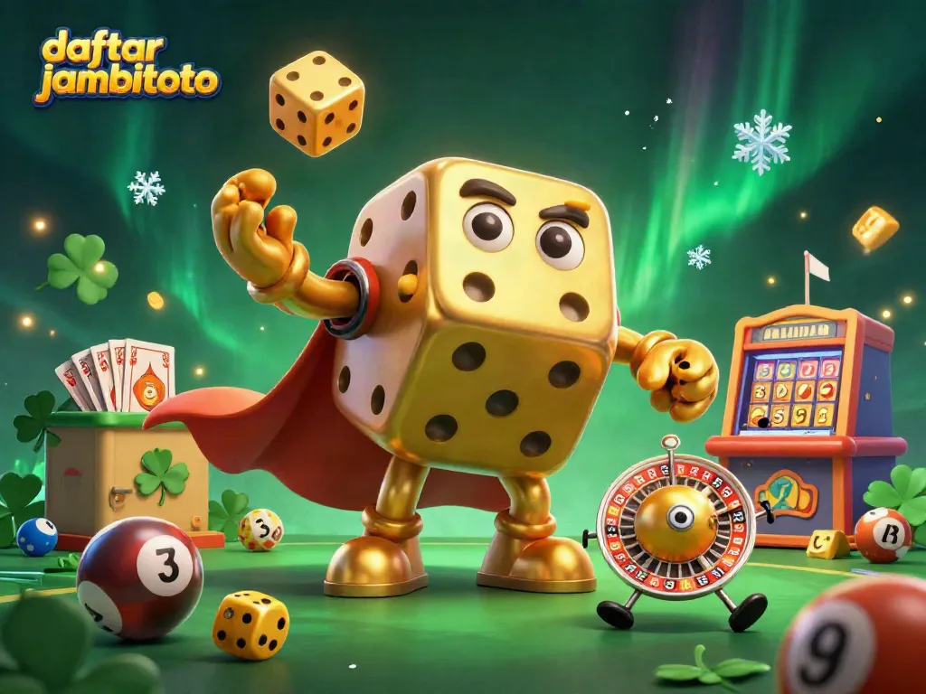Spin and win at daftar jambitoto, featuring a golden dice golem juggling lottery elements.
