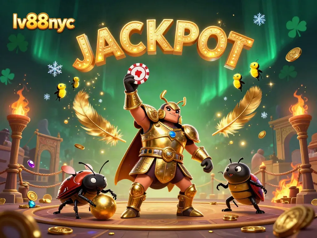 Experience the excitement of lv88nyc with a victorious beetle lifting a poker chip amid an elaborate gaming arena.