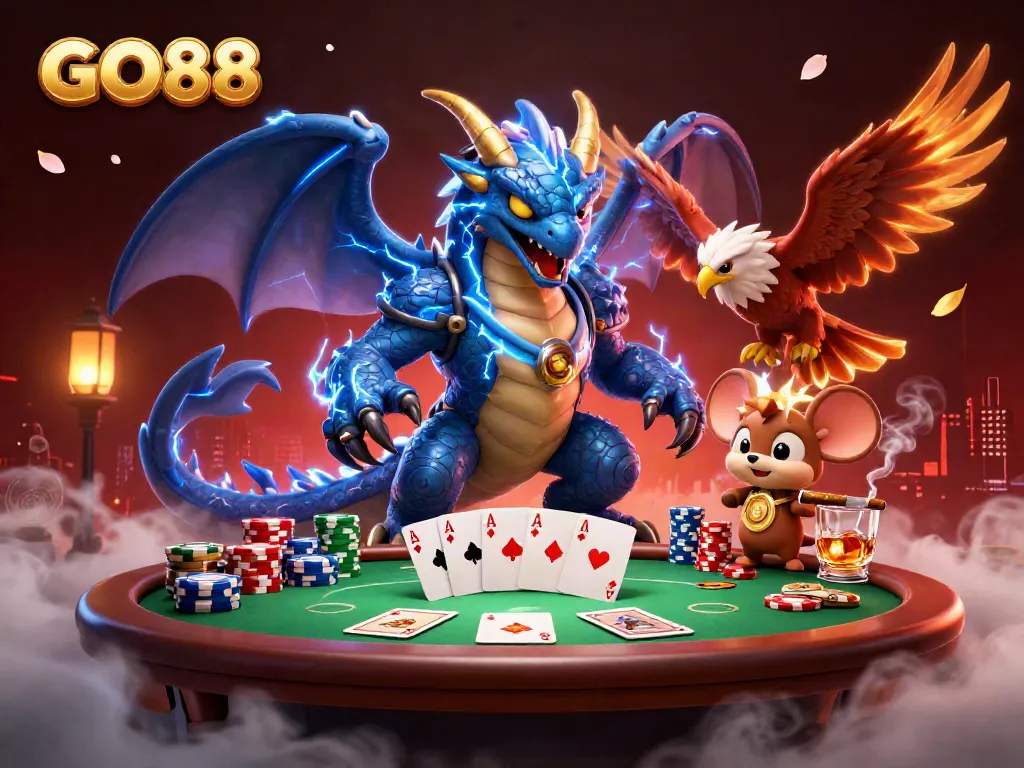 Engage in epic gaming adventures at GO88 with vibrant characters around high-stakes poker tables.