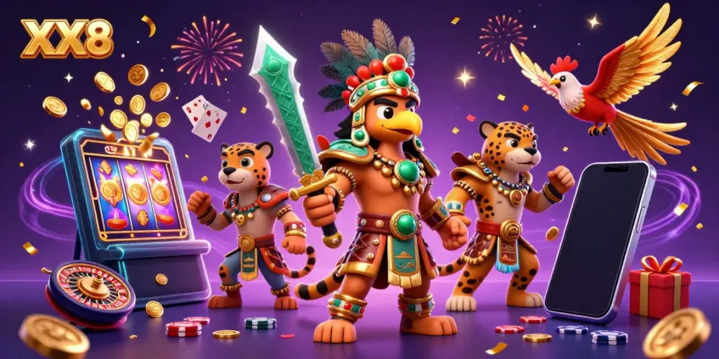 Experience exhilarating slot games and dynamic wins at XX8 with our vibrant casino digital illustration.