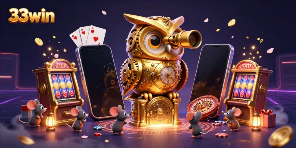 Engage with the vibrant 33win casino experience featuring a golden owl and animated mice on a lively casino floor.