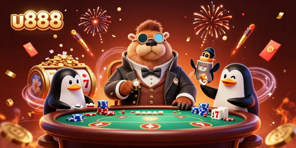 u888 players enjoy an underwater poker game with vibrant casino elements floating around.