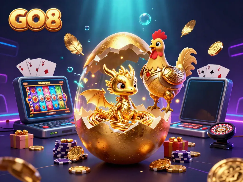 Engage with GO 8's dynamic gaming experience featuring a golden dragon and poker chips.