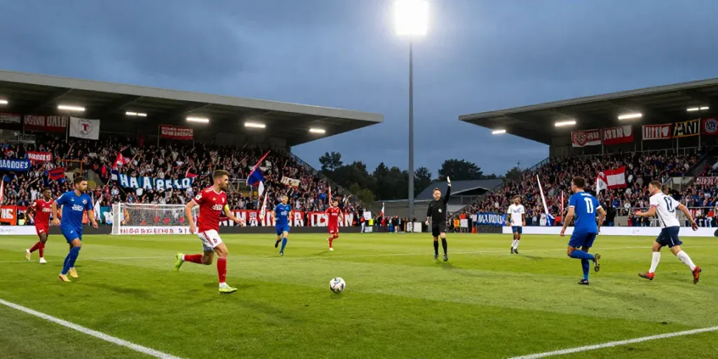 Exciting match scene capturing ข่าวฟุตบอลไทย with players in action and cheering fans in the stadium.
