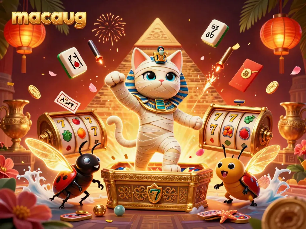 Join the fun at macaugg with a vibrant slot gaming scene featuring lucky symbols and immersive characters.