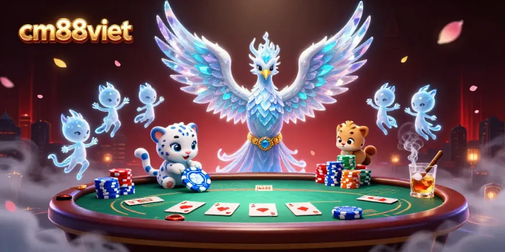 Experience the excitement of cm88viet with a vibrant, ice-themed casino scene featuring an ice phoenix and poker elements.
