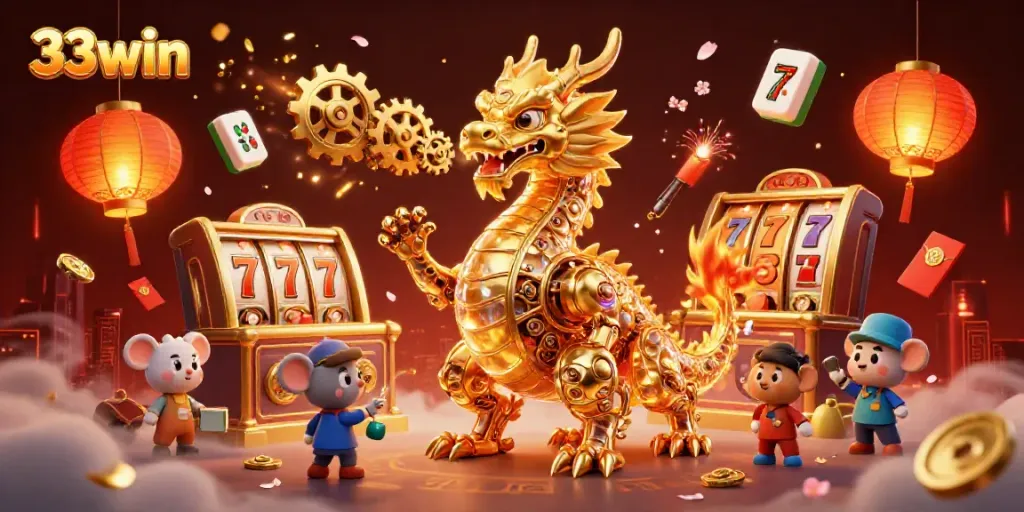 Experience the thrilling game action with 33win's golden dragon and dynamic slot reels in a lively casino scene.