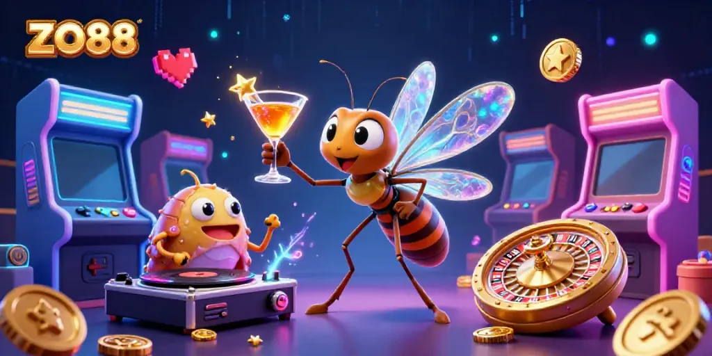Engage with ZO88's exciting casino scene featuring a cartoon mosquito mascot, trilobite DJ, and roulette!