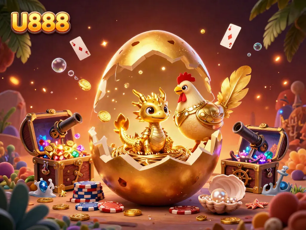 Experience thrilling wins at U888 with a golden dragon on poker chips and vibrant casino elements.