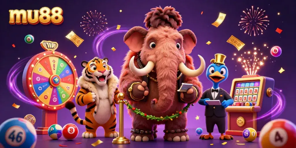 Experience the vibrant excitement of mu88 with a cartoon bouncer assessing IDs amidst a lively casino scene.