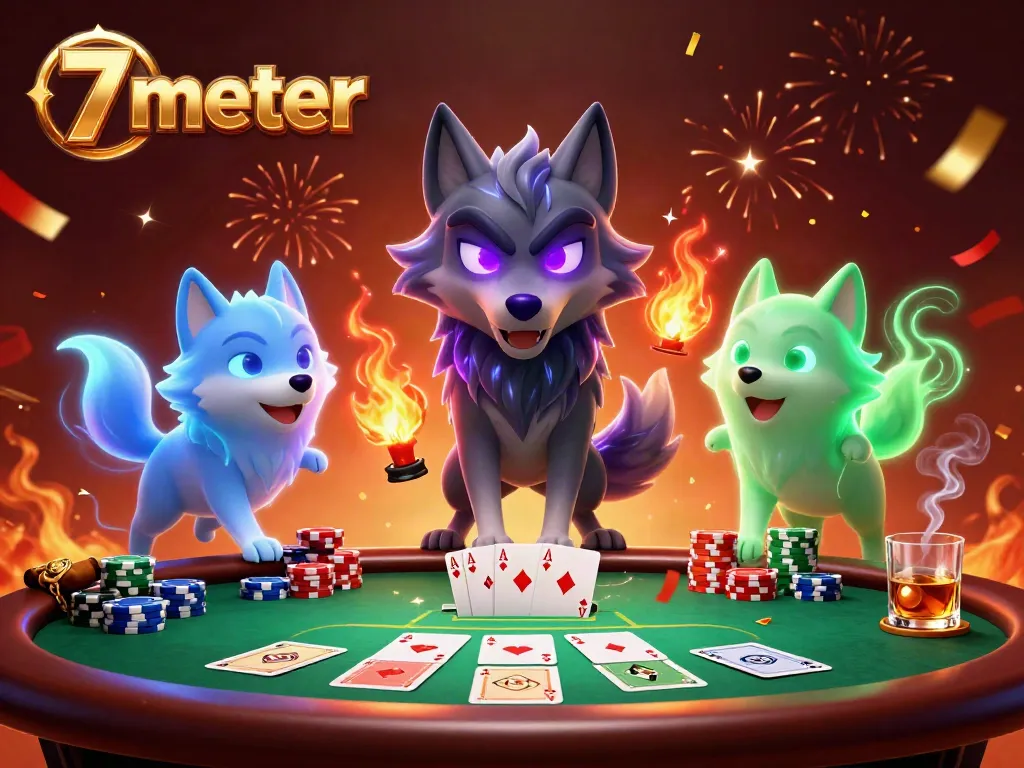 Engage with the electrifying atmosphere of a casino featuring 7 meter characters amidst joyful poker action.