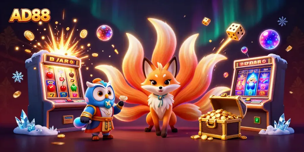 Engage in the AD88 gaming experience with a vibrant 3D casino scene featuring mythical characters and dynamic slot elements.