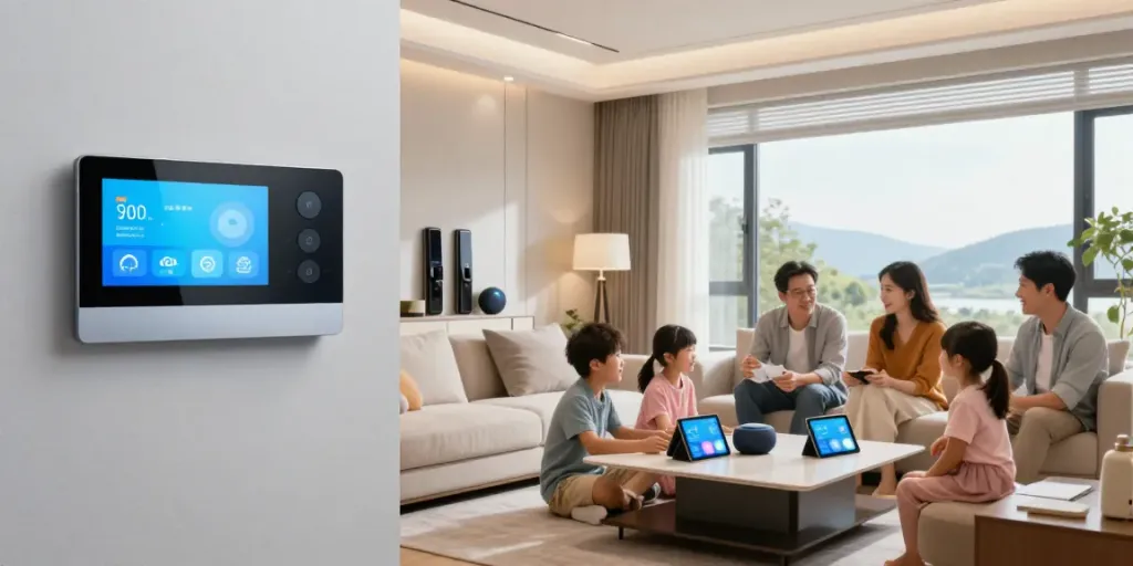 Smart home living room with family enjoying smart technology and audio controls, showcasing جهان اسمارت innovation.