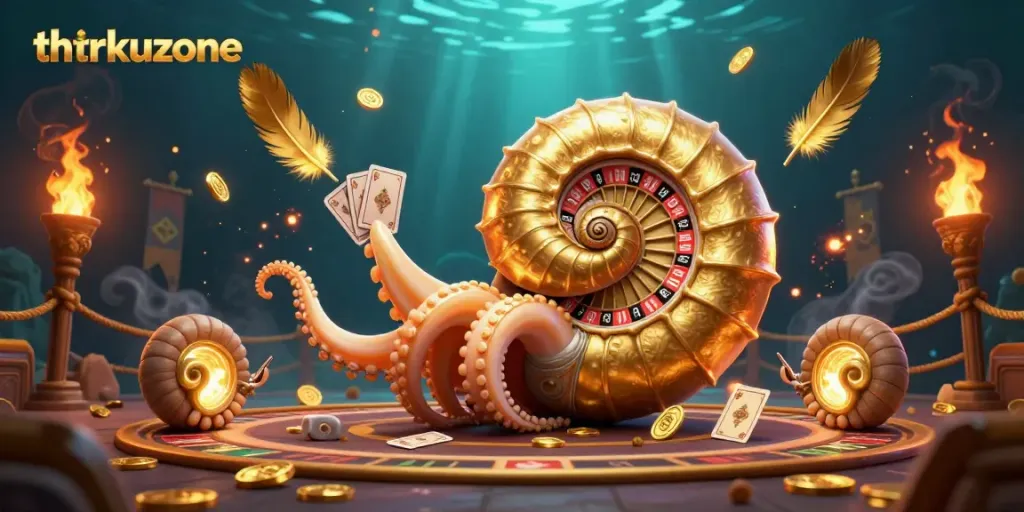 Engage in thrilling adventures at thrkuzone with our immersive 3D gambling illustration showcasing a radiant nautilus and vibrant casino elements.