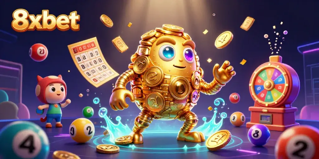 Engaging 8xbet casino scene featuring a golden golem surrounded by colorful lottery elements and dynamic prizes.