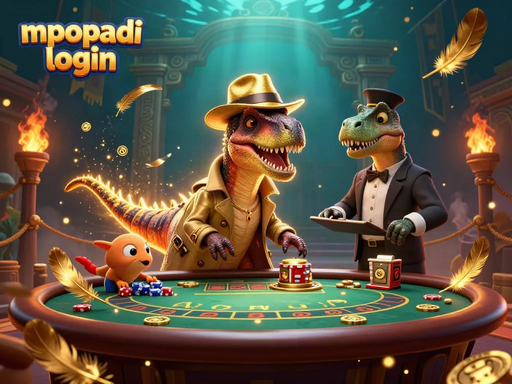 Engaging scene showcasing mpopadi login with a velociraptor at a blackjack table amid vibrant casino elements.