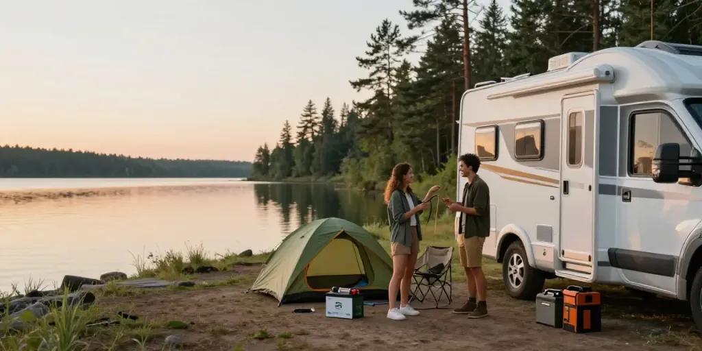 Couple preparing their RV with a lithium battery for off-grid camping at a scenic lakeside.
