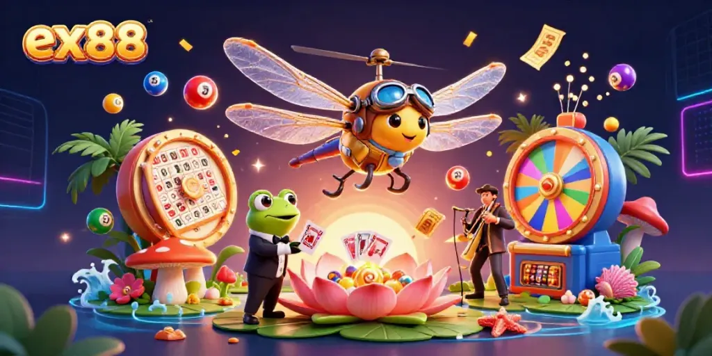 Experience the excitement of ex88 with a vibrant casino scene featuring a dragonfly pilot, a frog croupier, and jazz musicians.