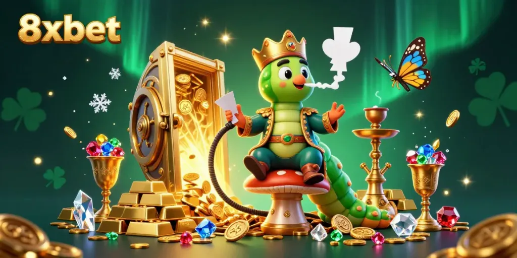 Experience the thrilling world of 8xbet with an extravagant 3D casino scene featuring a cartoon caterpillar master.