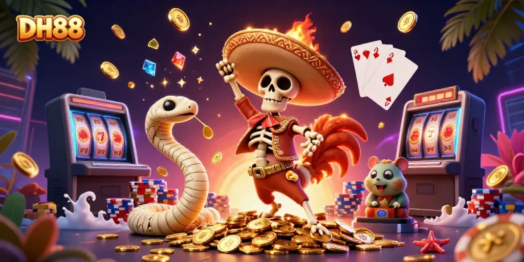 Engage with the vibrant DH88 casino experience featuring lively characters and dynamic gaming elements.