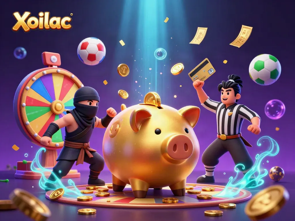 Xoilac betting scene with golden piggy bank sumo wrestler and vibrant sports balls dynamically bouncing.