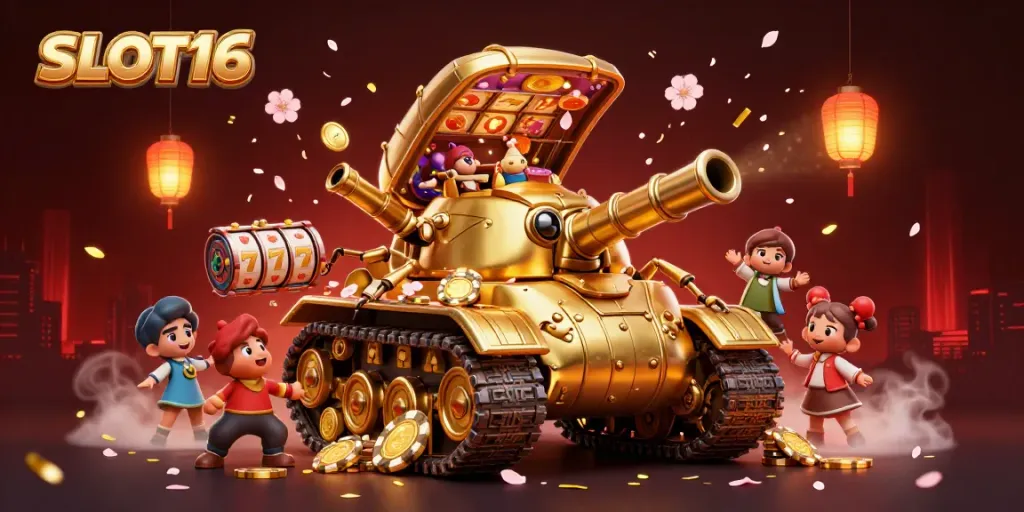 Engage in the vibrant SLOT16 experience with a golden beetle tank delivering casino fun and festive celebration.